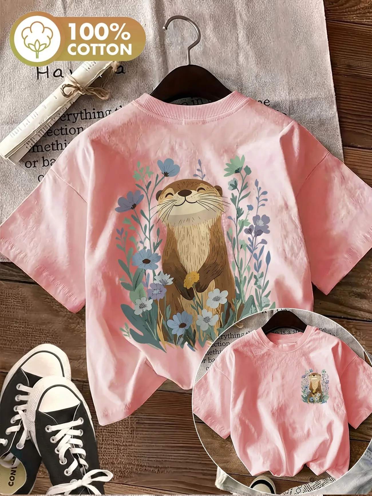 Lustiges Otter-T-Shirt mit Blumenmuster im Y2K-Stil, 100% Baumwolle, Kawaii-Tierdruck, Weiches Damen-T-Shirt mit Rundhalsausschnitt und Kurzen Ärmeln für den Sommer