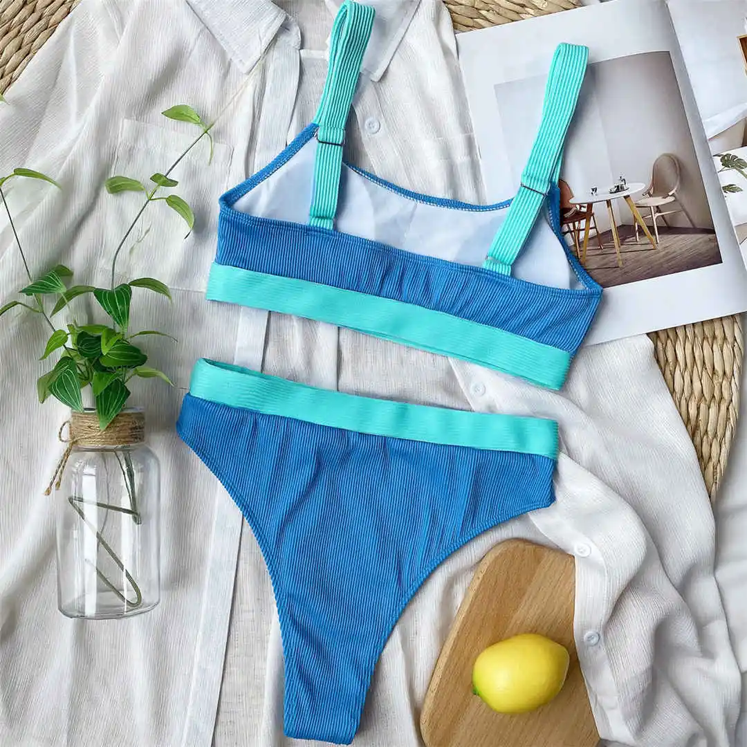 Neuer, verführerischer, gerippter Badeanzug mit aufgesetzten Elementen, hoch geschnittener Bikini, Damen-Badebekleidung, zweiteiliges Bikini-Set, Badeanzug, Badebekleidung, Modell V2329. – Detail 24