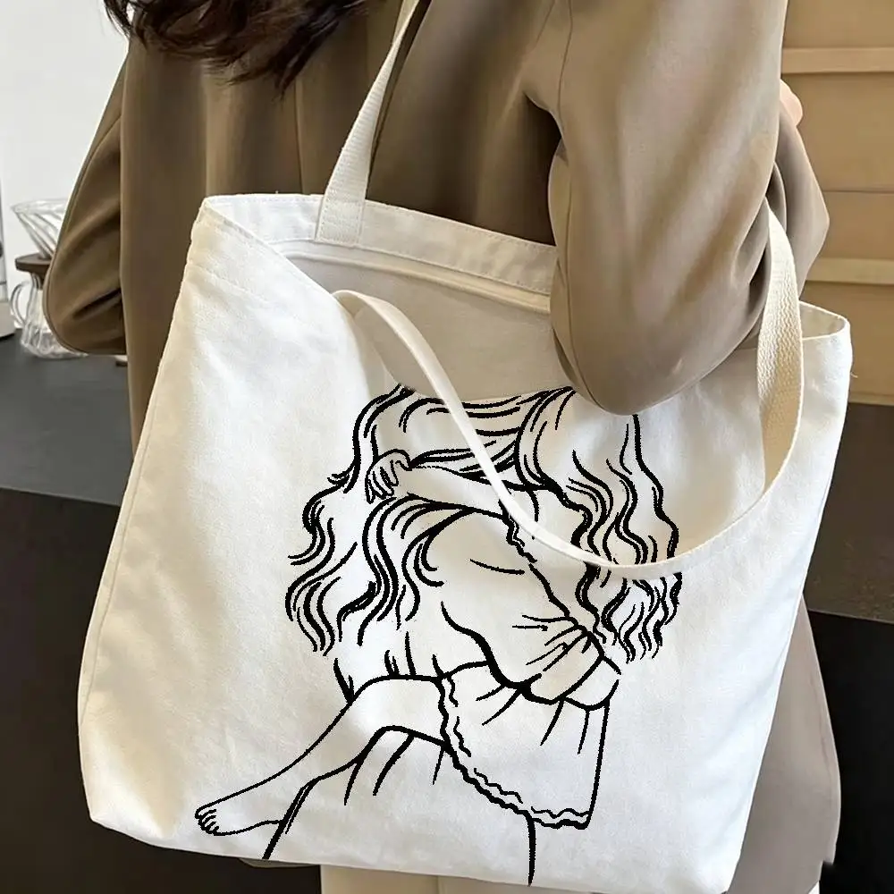 Black Line Drawing Mom and Dad Daughter Print Bag Eco Shopper Cotton Jute Bag Reusable Bag Foldable Reusable Sac Tissu