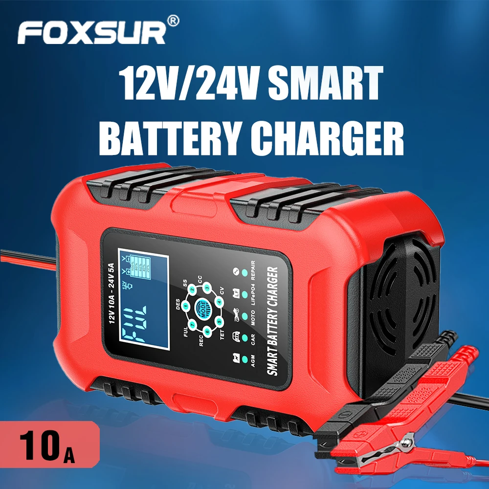 

FOXSUR 12V 24V Motorcycle Car Battery Smart Reconditioning Mode Charger 10A High power, HD display for more comfortable viewing.