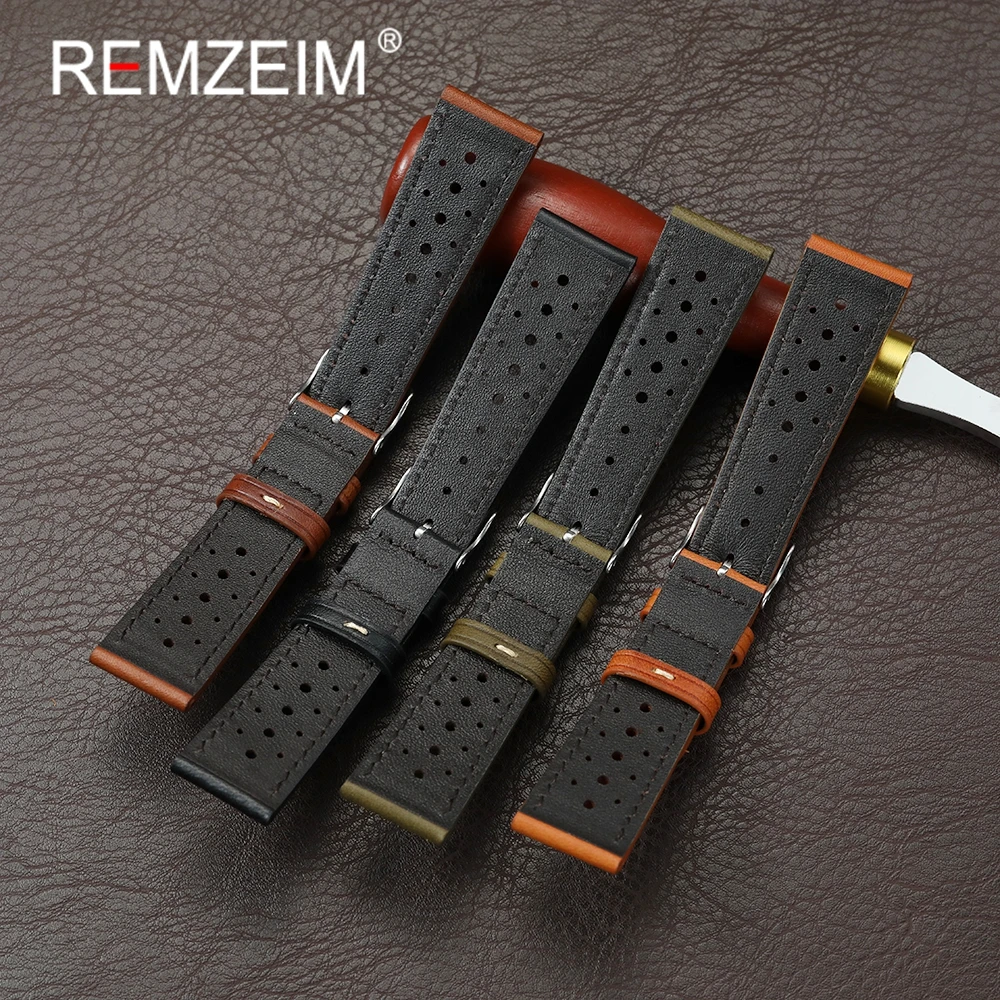خمر اليدوية الطبقة الأولى جلد البقر حزام الساعات 20 مللي متر 22 مللي متر الساعات سوار الرجال النساء تنفس حزام ساعة اليد