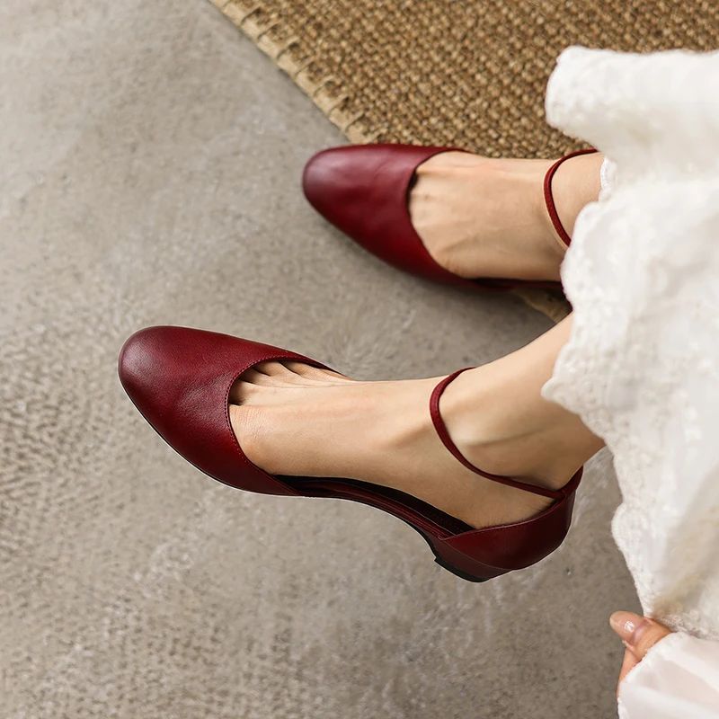 Genuine Leather Women Sandals Ankle Strap Low Block Heels Korean Style Soft Cowhide Pumps D'Orsay Summer Shoes Plus Size 34-42