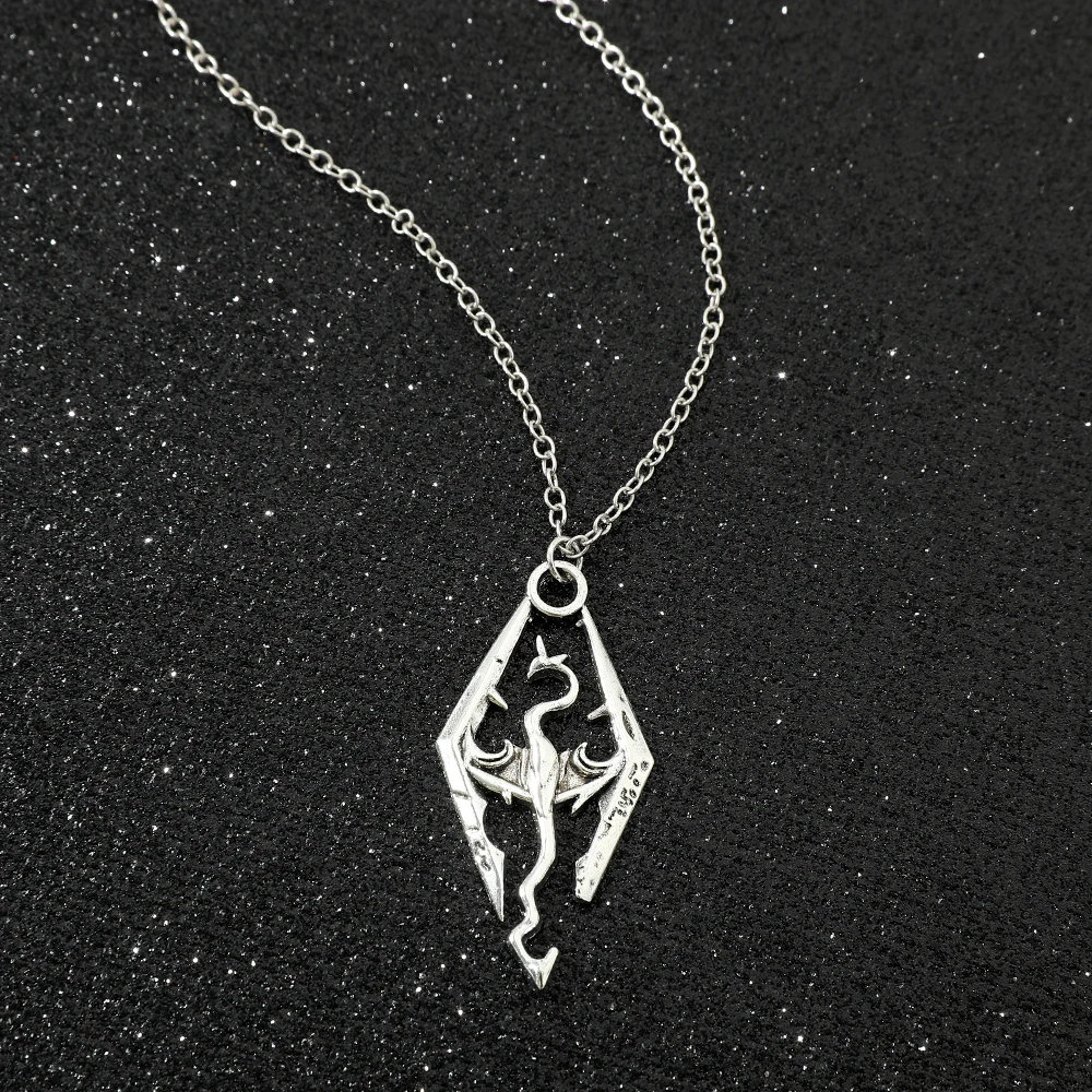 Vintage Cool Elder Scrolls Dragon Necklace Penadnt Pendant Neck Chain Jewelry for Fans Friend Gifts
