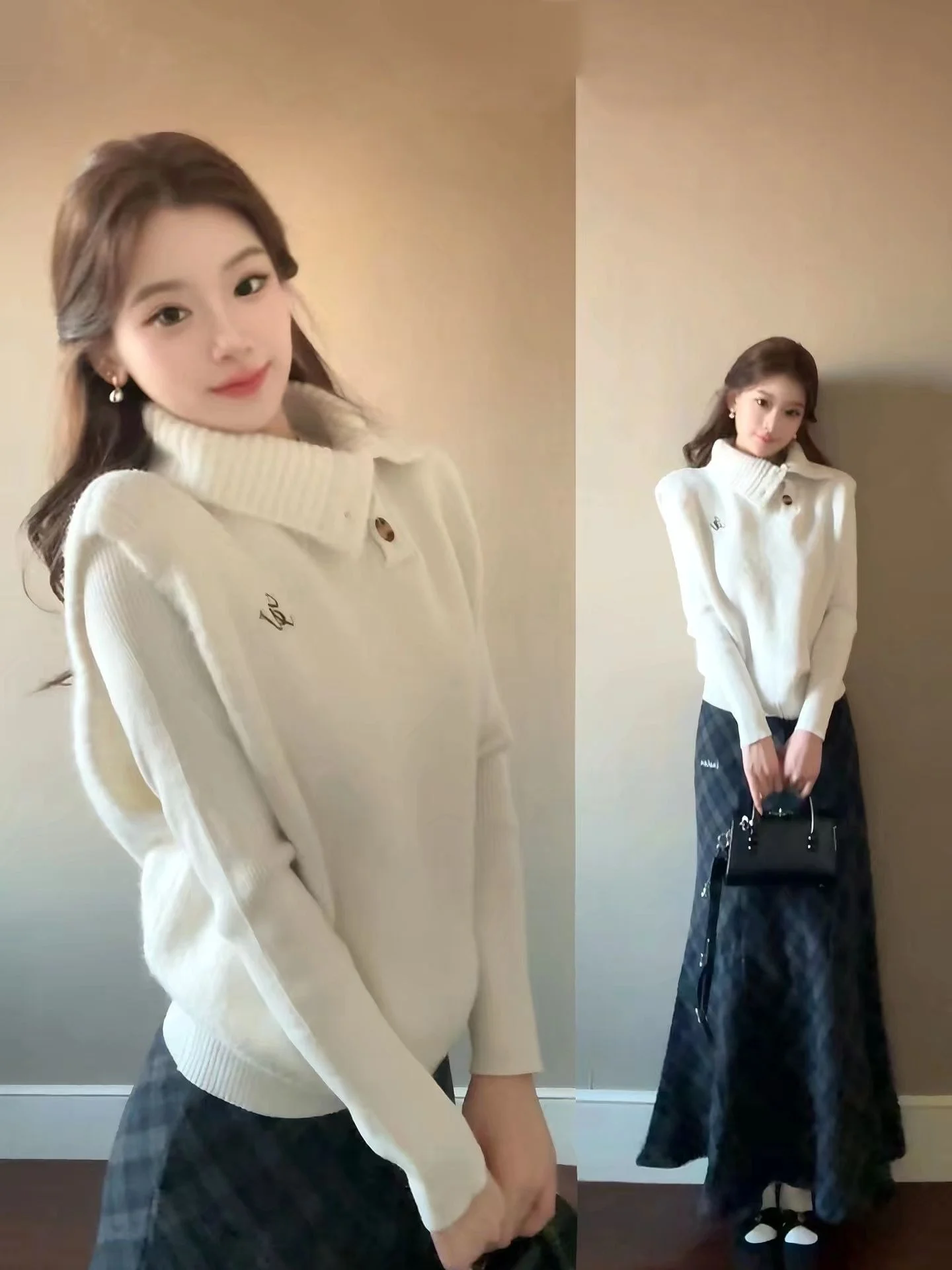 

Мягкий вязаный жилет и свитер с асимметричным воротником для женщин, комплект из двух предметов, французский стиль, свободный крой, осень-зима