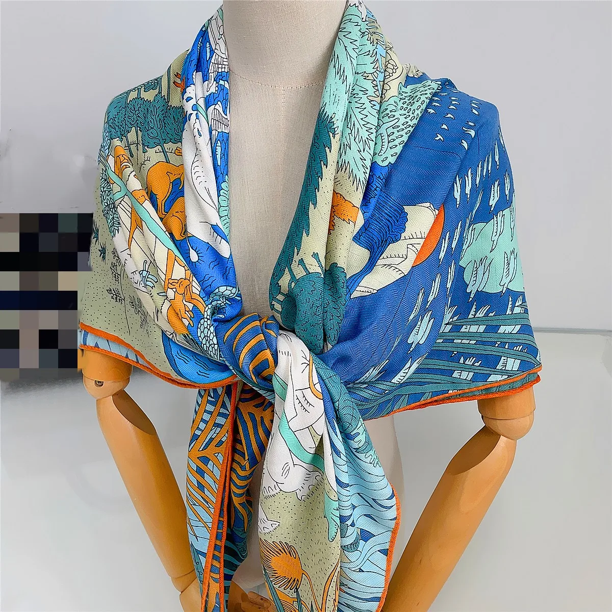 135CM Silk Cashmere Scarf Women Hand Rolled Shawls Jungle Animals Print Square Scarves Wraps Lady Bandana Hijabs Female Foulards