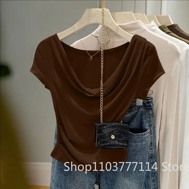 Neues Sommer-Damen-Design: Lässiges, einfarbiges Top mit schmaler Passform, unregelmäßigem Schnitt, vielseitigem Kurzarm-T-Shirt im koreanischen Nischen-Stil – Detail 5