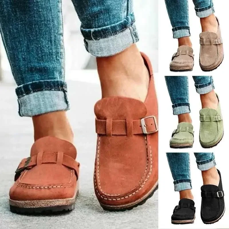 

2024 Large Baotou Half Slippers for Women Popular Solid Color Buckle Thick Bottom Sneakers Lazy Shoes Suede Casual Walking Shoes