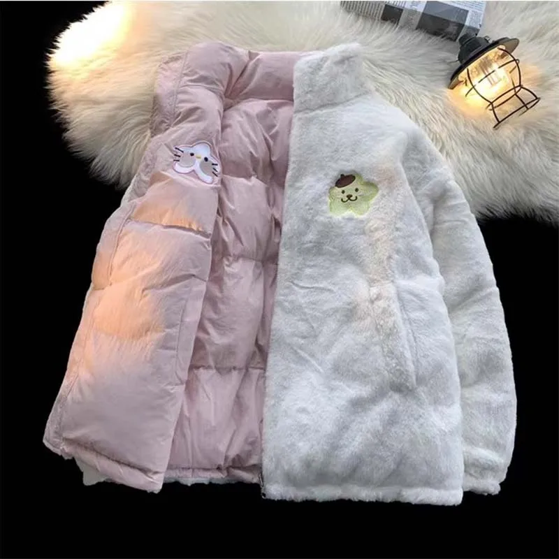 Reversible Quilted Jacket Cinnamoroll Pochacco Kawaii Anime Printed Cotton-Padded Jacket Women\'s Winter Warm Coat Christmas Gift