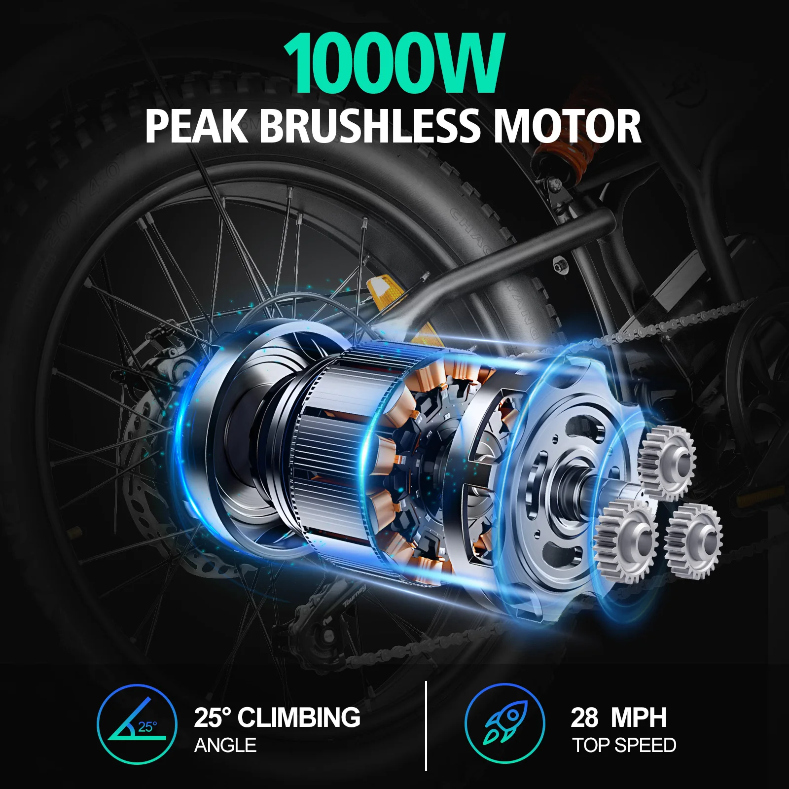 大人用電動自転車、1000W、28MPH、48V15AHバッテリー、最大40マイル電動バイク、20インチファットタイヤダートバイク、7速Eバイク