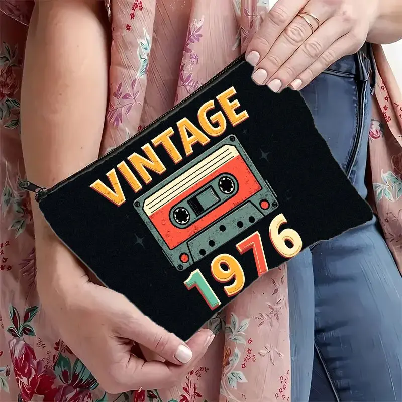 Vintage 1976 Cassette Tape Cosmetic Bag with Zipper Closure - Retro 70s Music Nostalgia Makeup & Toiletry Organizer
