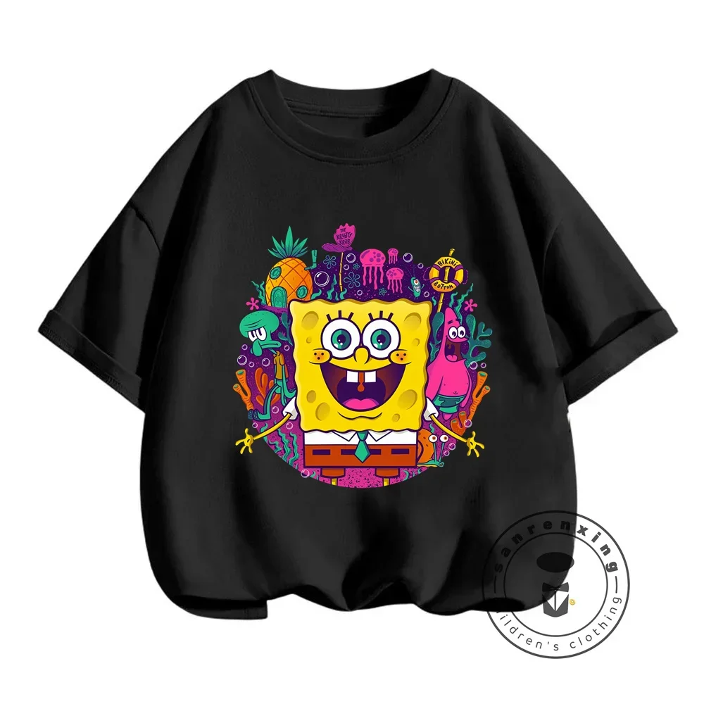 Hip-Hop Style SpongeBob Print T-shirt for Children Cute Cartoon Design Perfect for Boys and Girls to Enjoy Summer in Style