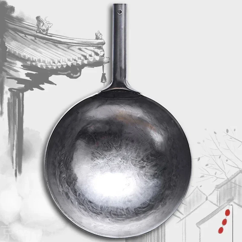 30 32 34cm Thickened Uncoated Pre-adjusted Carbon Steel Wok Cooking Pot Chinese Traditional Hand-forged Non-stick Iron Pot