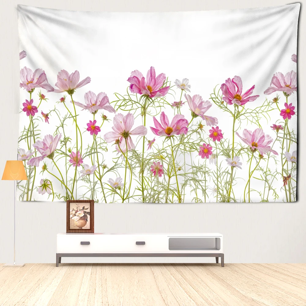 Pink Flowers And Plant Tapestry Wall Hanging Natural Art Minimalist Style Bohemian Bedroom Living Room Home Decor