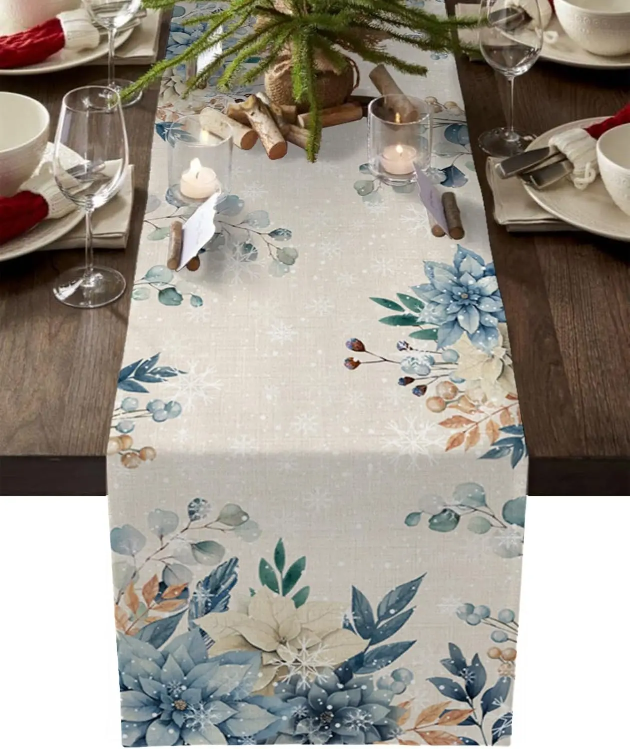 Christmas Poinsettia Pine Cones Linen Table Runners Winter Xmas Eucalyptus Leaves Snowflake Table Runner Navidad Decoration 2025