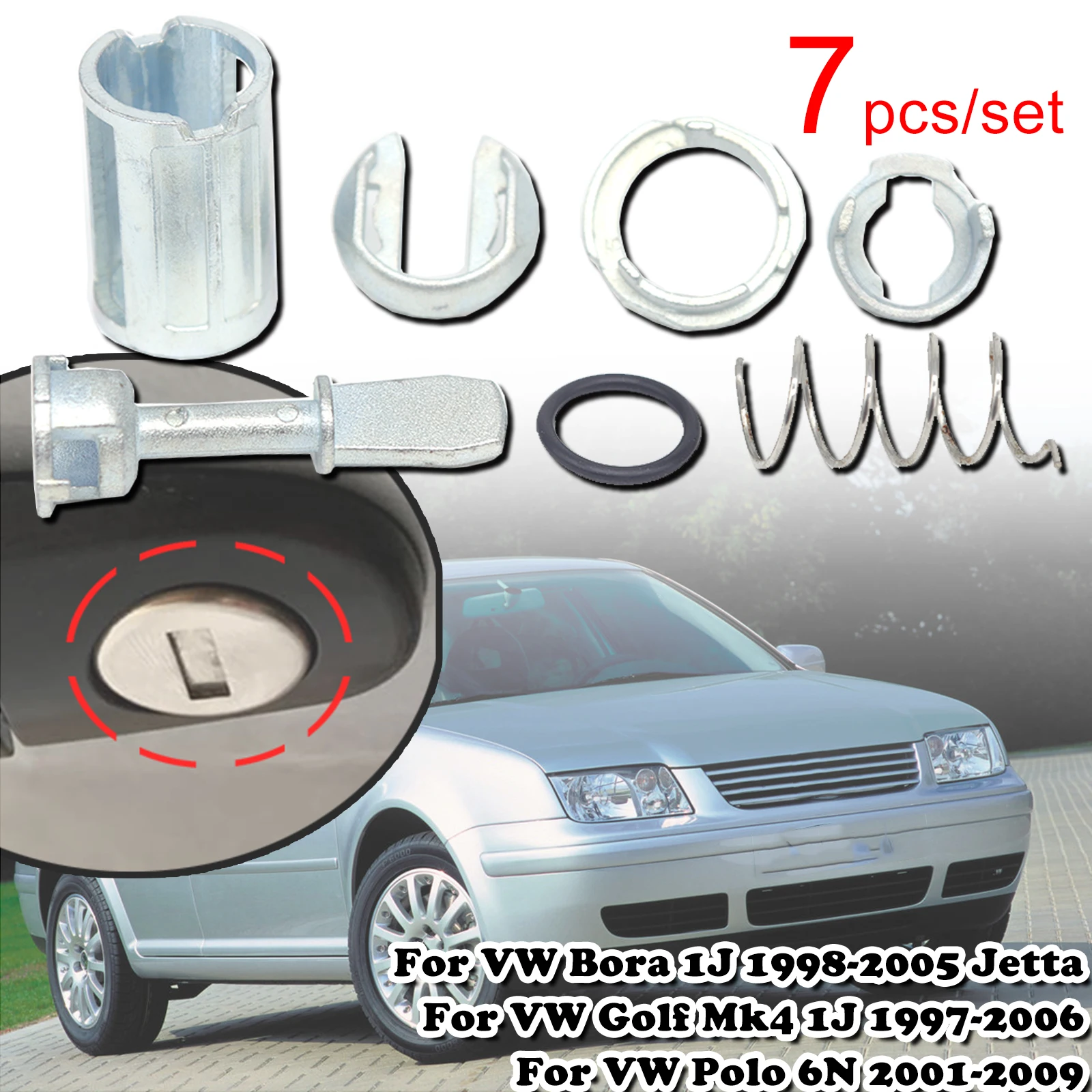 

7pc Front Door Handle Lock Cylinder Barrel Paddle Rubber Seal Repair 44.4MM Tool Kit Replacement For VW Golf Mk4 Bora 1J Polo 6N