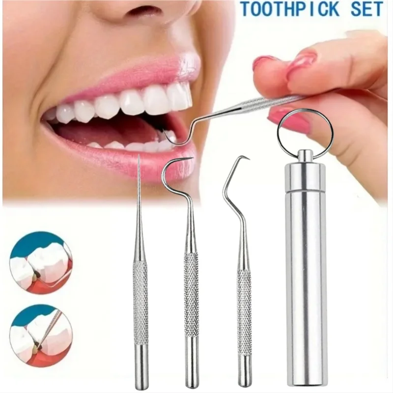 4pcs Stainless Steel Toothpicks Set Efficient Tooth Stains Removal Dental Cleaning Kit with Keychain Holder Perfect for Travel