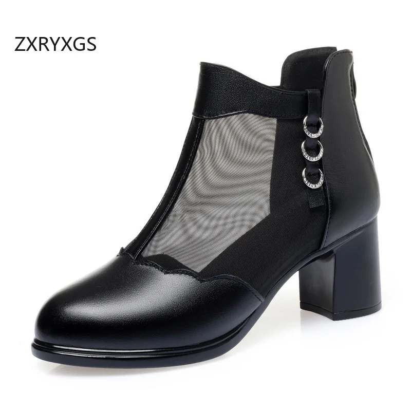 ZXRYXGS 2026 New Fashion Summer Cowhide Mesh Boots Black Sandals Breathable Elegant Comfortable High Heel Boots Women Cool Boots