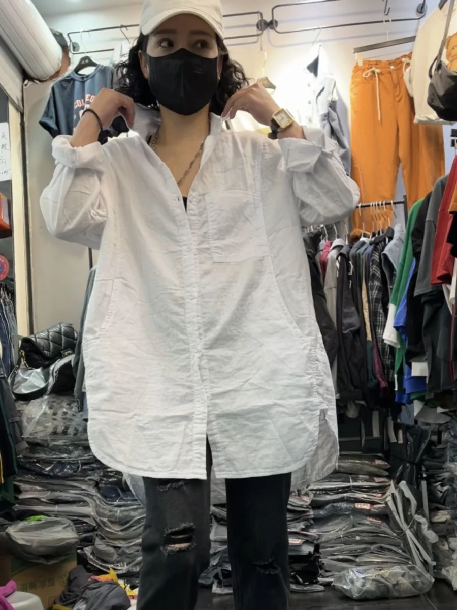 Loose White Cotton irt Women's Spring Summer Large Size Long Sve Cotton Linen Mid-Length Korean Sle Office Commute