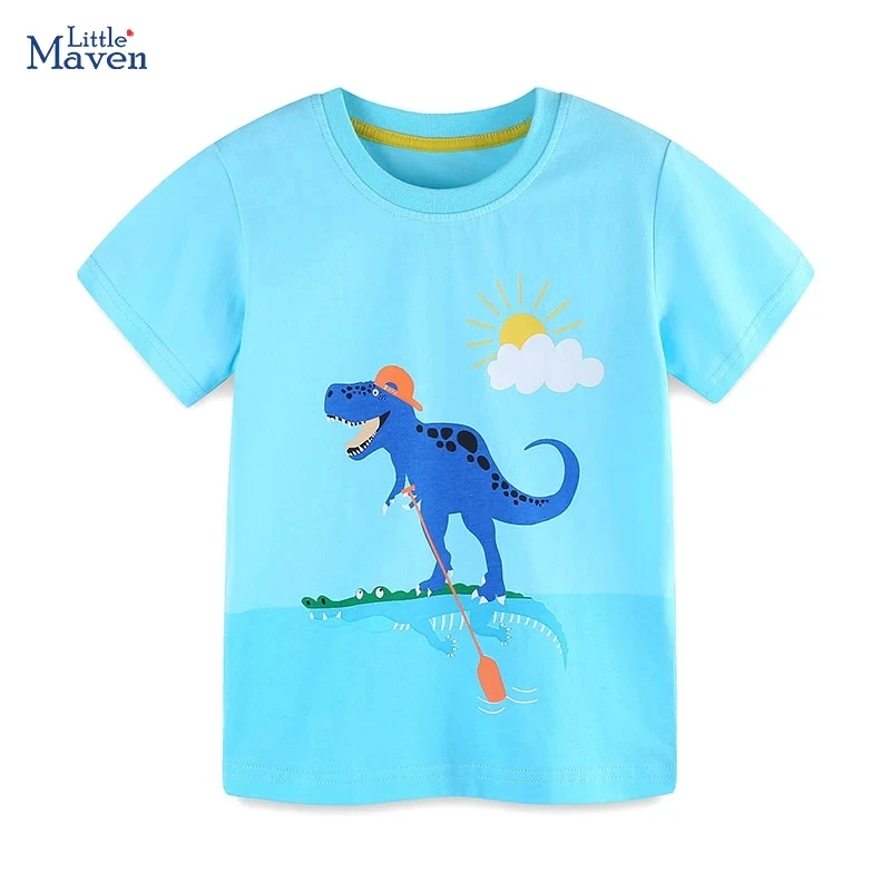 Little maven 2024 Kids Clothes Casual Sports Tops New Baby Boys Blouses Blue T-shirts Children Cartoon Dinosaurs Print Boys Tees