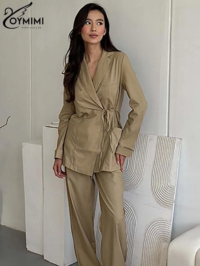 Oymimi Casual Khaki Cotton Women 2 Piece Set Outfit Fashion Long Sleeve Pockets Lace-Up Shirts And Simple Straight Trousers Sets