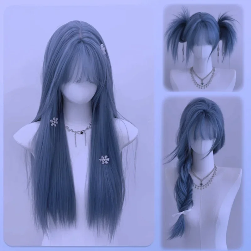 

Blue Bangs Long Straight Mixed Color Wig Lady Cosplay Wig Girl Heat Resistant Synthetic Wig Christmas