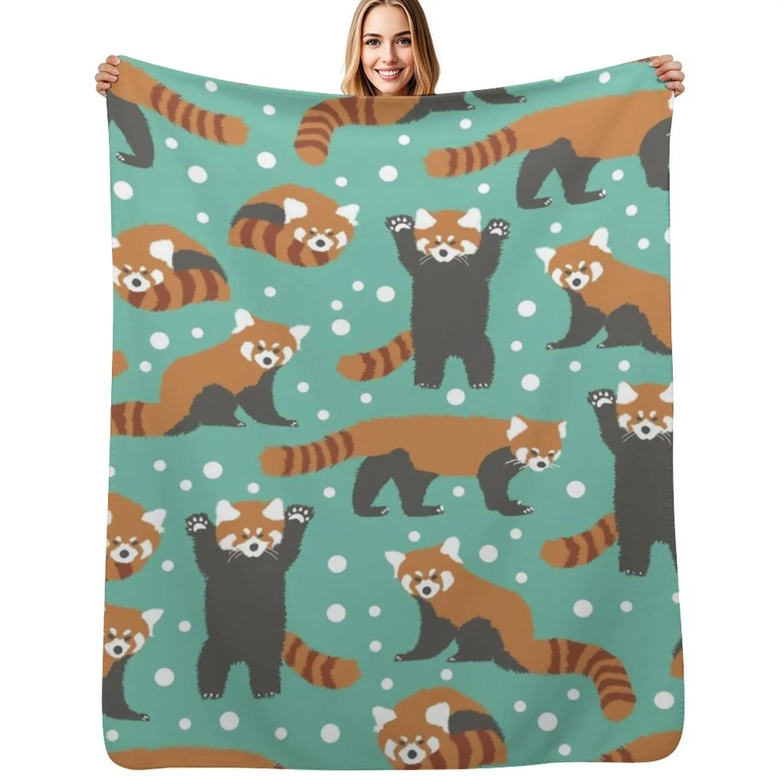 Cute red panda pattern with white dots and turquoise background Throw Blanket Bed covers Soft Big Picnic Blankets