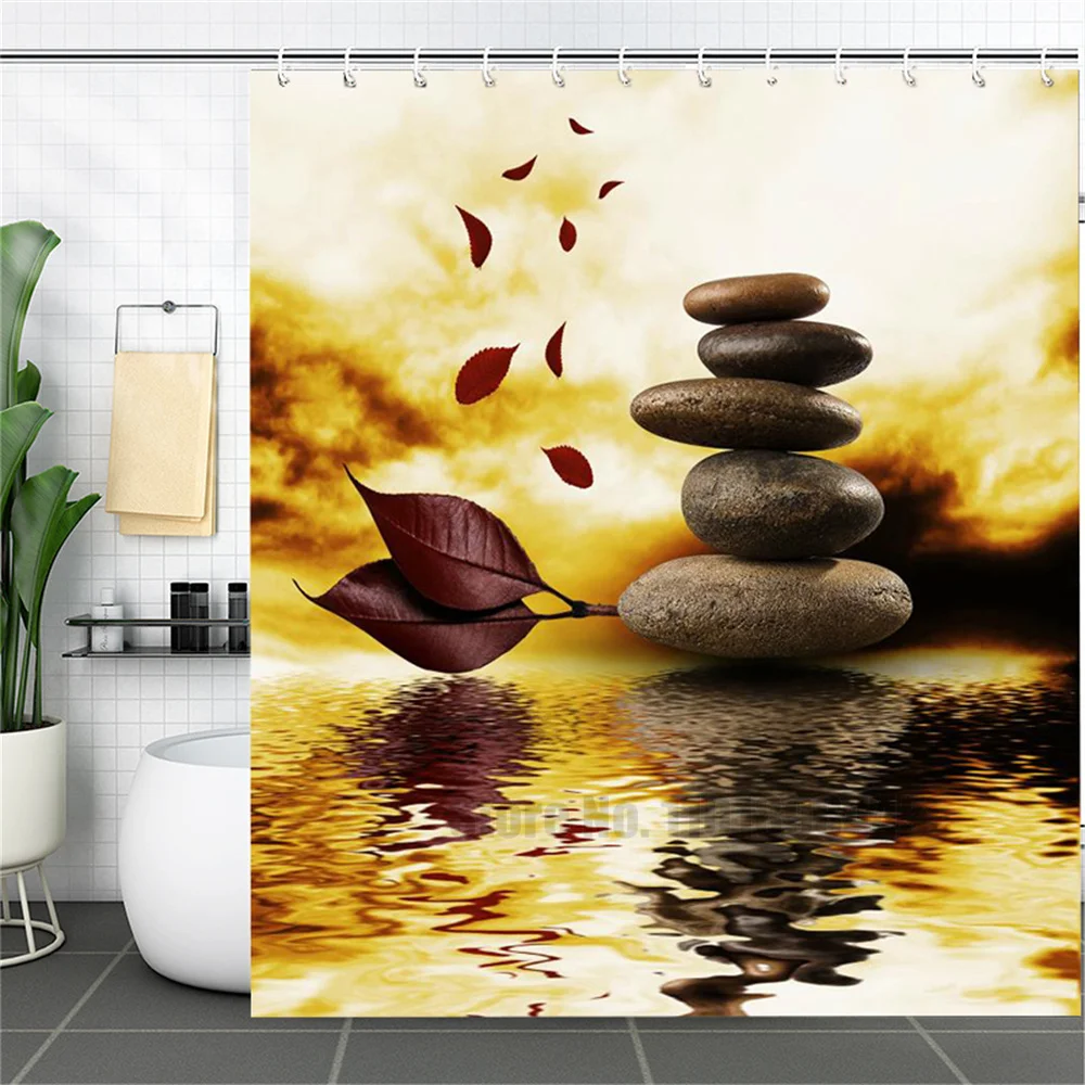 Zen Landscape Stone Bamboo Shower Curtain Waterproof Polyester Art Bathroom Curtain Flower Yoga Chinese Buddhist Shower Curtain