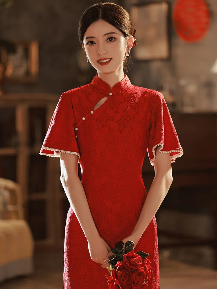 

Chinese Style Women Red Cheongsam Bride Evening Lace Dress Female Qipao