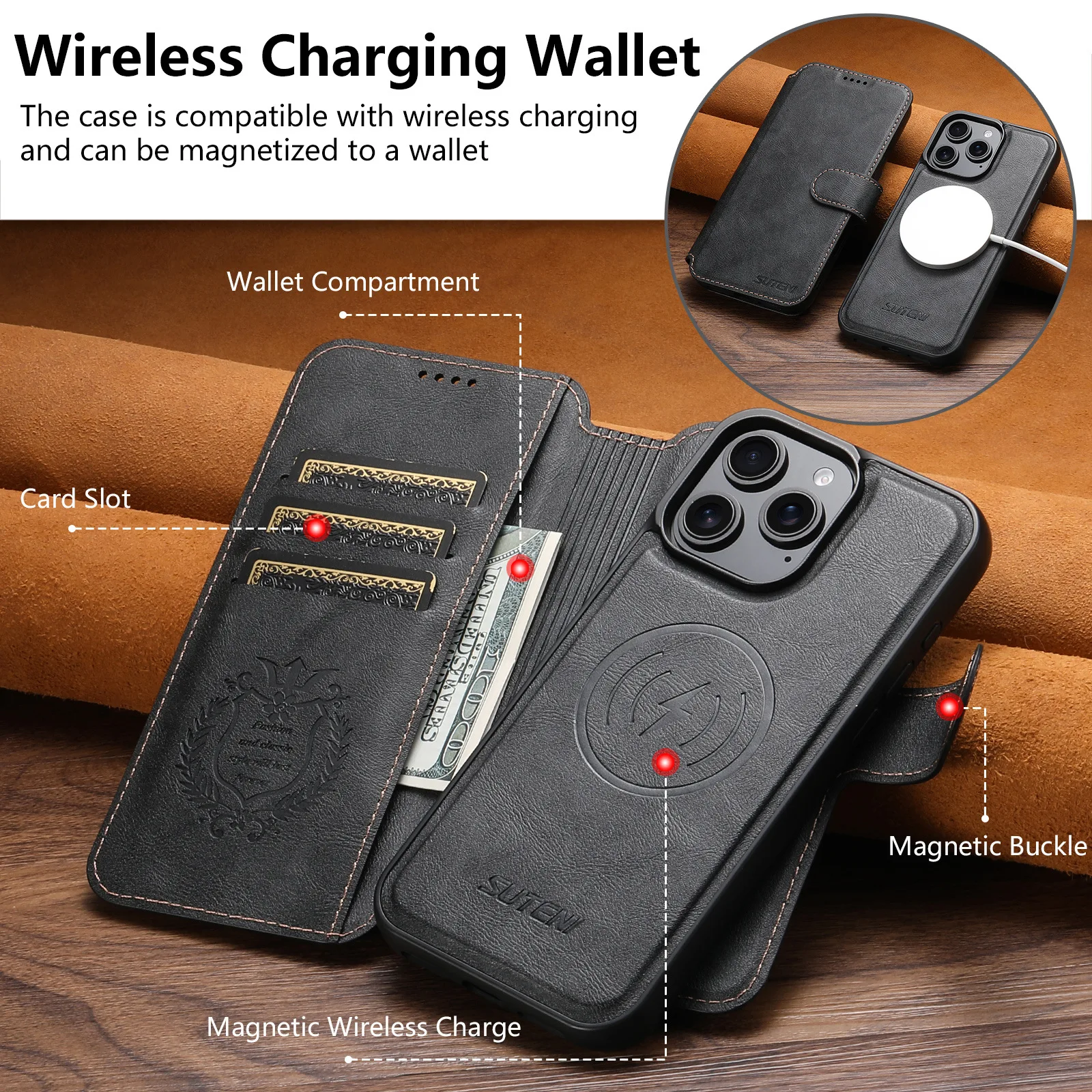 

Magnetic Wireless Charge Case for iPhone 17 Pro Max 14 12 13 15 16 Pro Max Plus Shockproof Leather Wallet Card Slots Flip Cover
