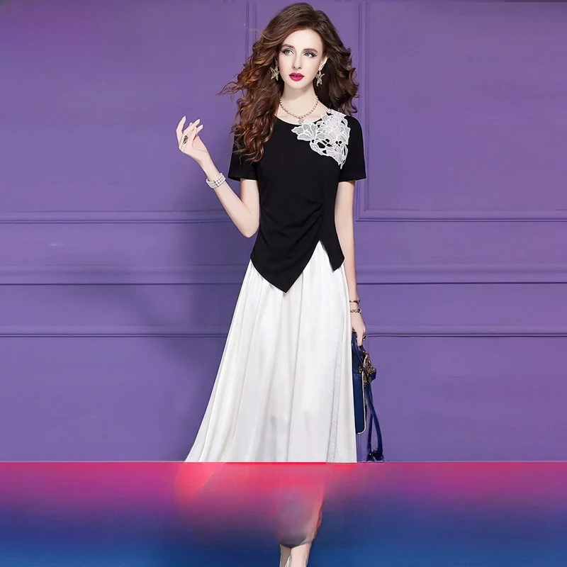 

Fashionable Lace Black T-shirt White Skirt Set Women's Summer Pleated Asymmetrical Design Polyester Nylon Spandex Blend
