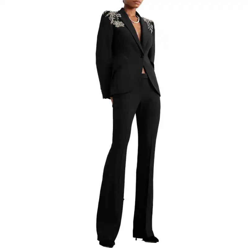 Exquisite Appliques Women Suits Wide Leg Pant Slim Fit Crystal Blazer Fashion Beaded Suit Customized Prom Party Outfits