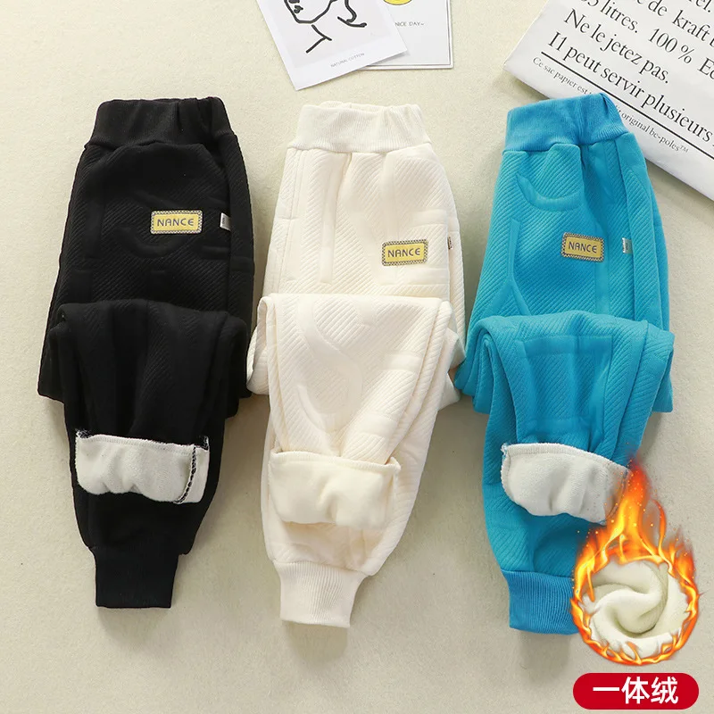 Boys Girls Velvet Long Pants Kids Fleece Warm Trousers Children Thick Elasticated Pants Winter Cotton Casual Sports Pants 1-6Y