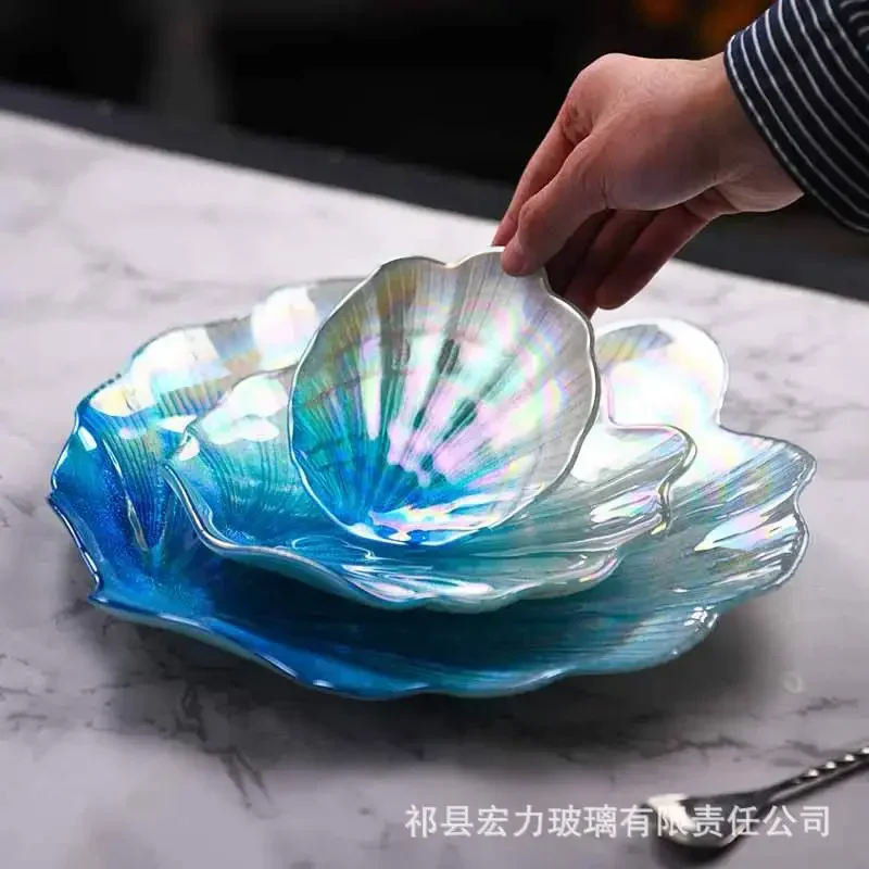 Creative colorful glass shell plate, household ion-plated ocean fruit plate, European tray, snack ornament plate