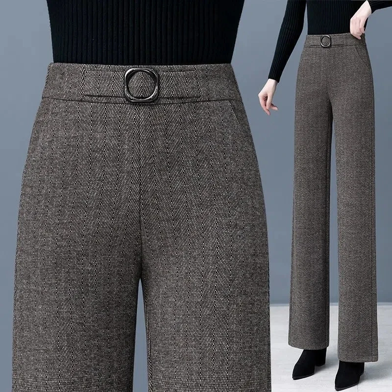 Pantaloni da donna di mezza età Autunno Inverno Addensare Pantaloni di lana di cashmere Vita elastica Casual Pantaloni dritti selvaggi Pantaloni per la madre