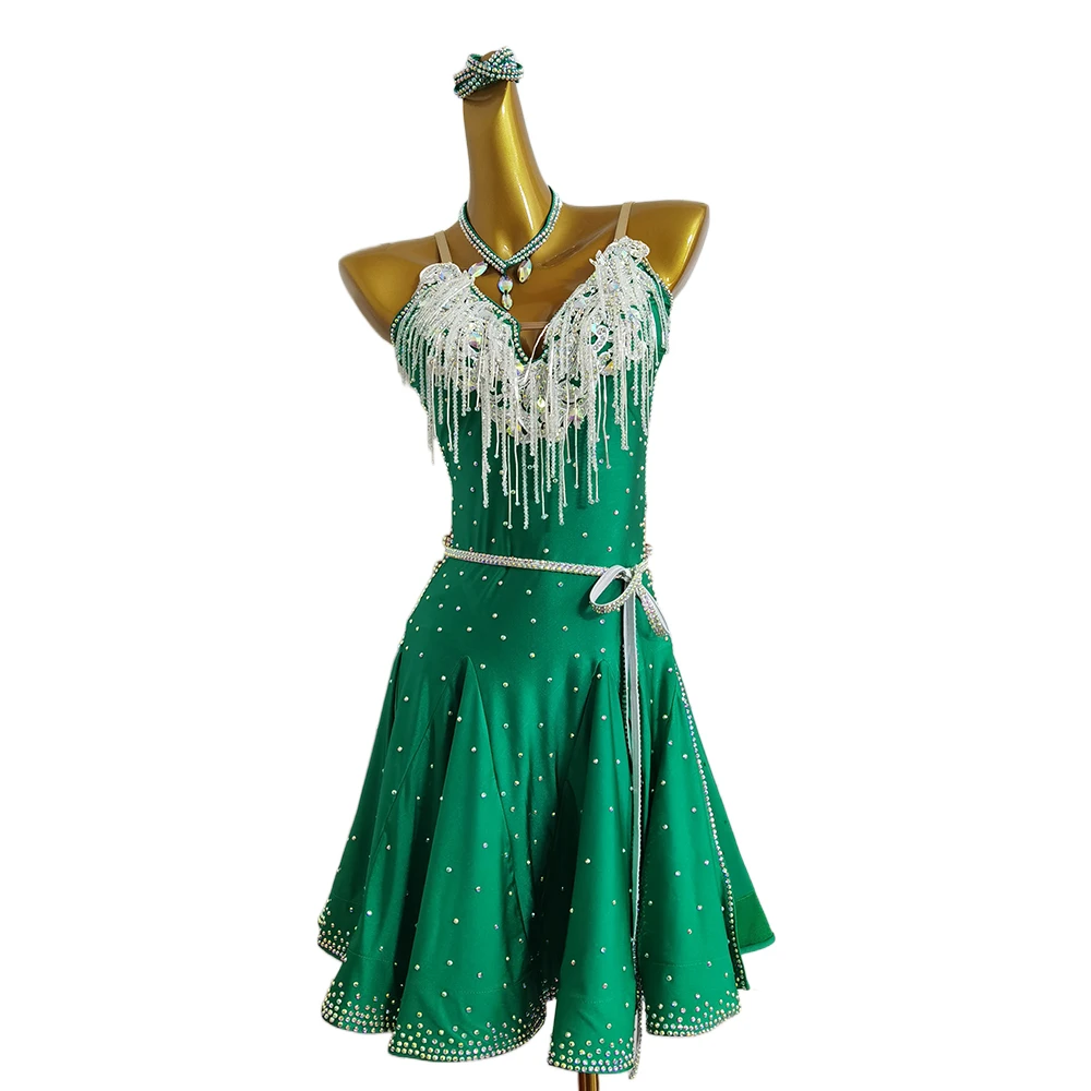 Latin Dance Dress High-end Custom Full Diamond Suspender Sequins Diamond Chain Skirt Cha Cha Tango Stage Professional Clothing