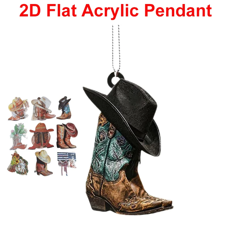 

​2D Flat Acrylic Cowboy Boots Hangings Ornament Novelty Car Rearview Mirror Pendant Ornament For Cowgirl Cowboy Horse Lovers