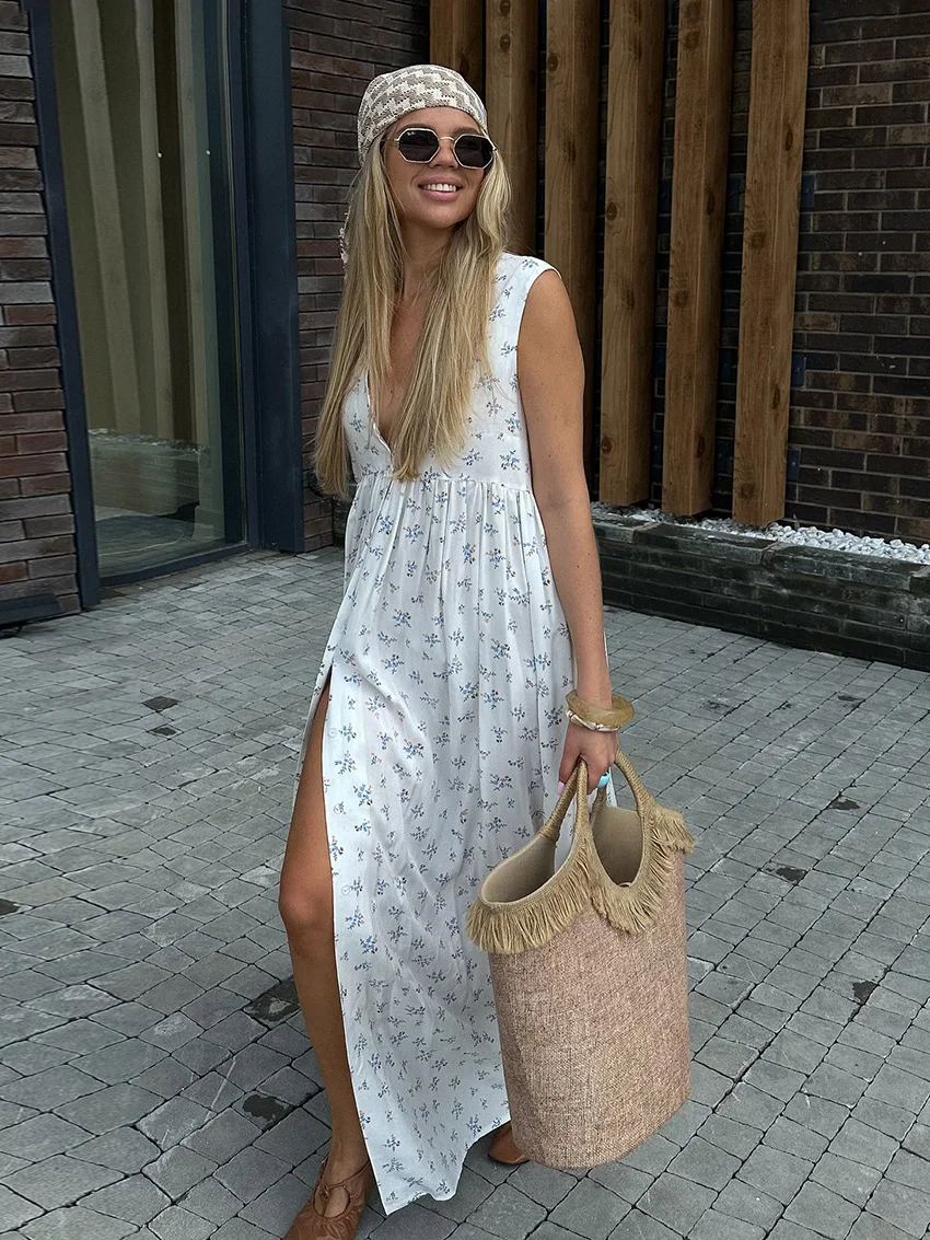 

Marthaqiqi Printing Female Nightgowns Sleeveless Nightwear V-Neck Pajamas Sexy Split Pajama Women's Nightgown Ankle-Length Dress