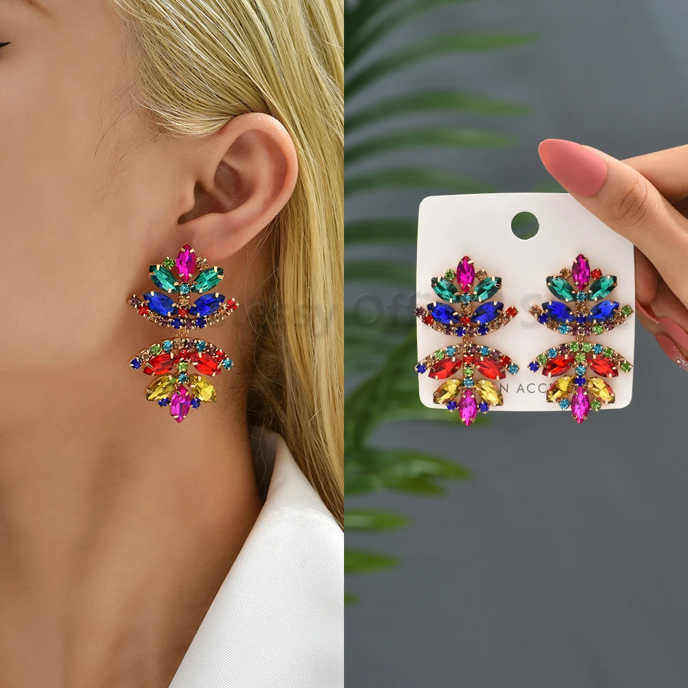 Multicolour Glass Leaf Decor Drop Earrings For Women Luxury Designer Crystal Elegant Vintage Jewelry Girl Accessories Party Gift