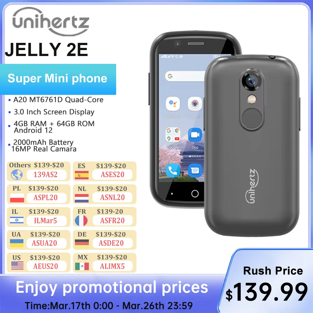 Unihertz Jelly 2e Mini Smartphone 4Gb 64Gb Android 12 Ontgrendeld Mobiele Telefoon 2000Mah Draagbare Mobiele Telefoons