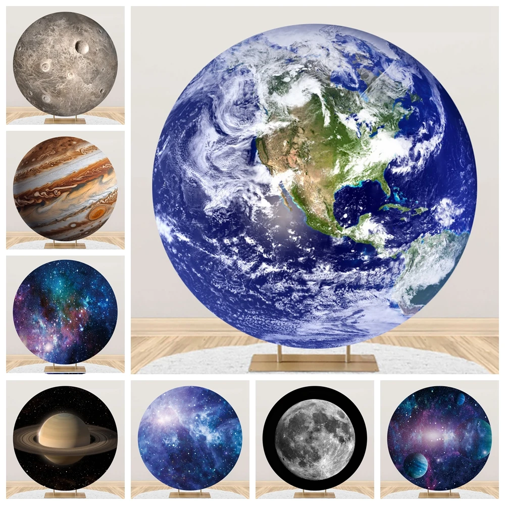 

Outer Space Universe Round Backdrop Cover Starry Sky Galaxy Moon Planet Earth Circle Photography Background Baby Birthday Party