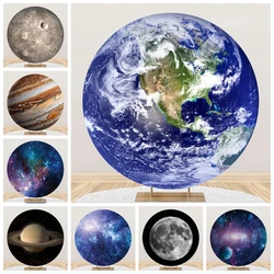 Outer Space Universe Round Backdrop Cover Starry Sky Galaxy Moon Planet Earth Circle Photography Background Baby Birthday Party