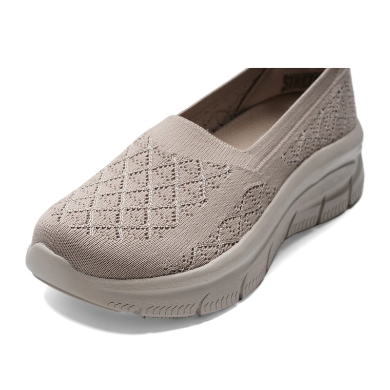 Hot Skechers Women Beige Knit Slip-On Shoes Lightweight Breathable Textile Upper Cushioned Sole Casual Sneakers for Everyday Com