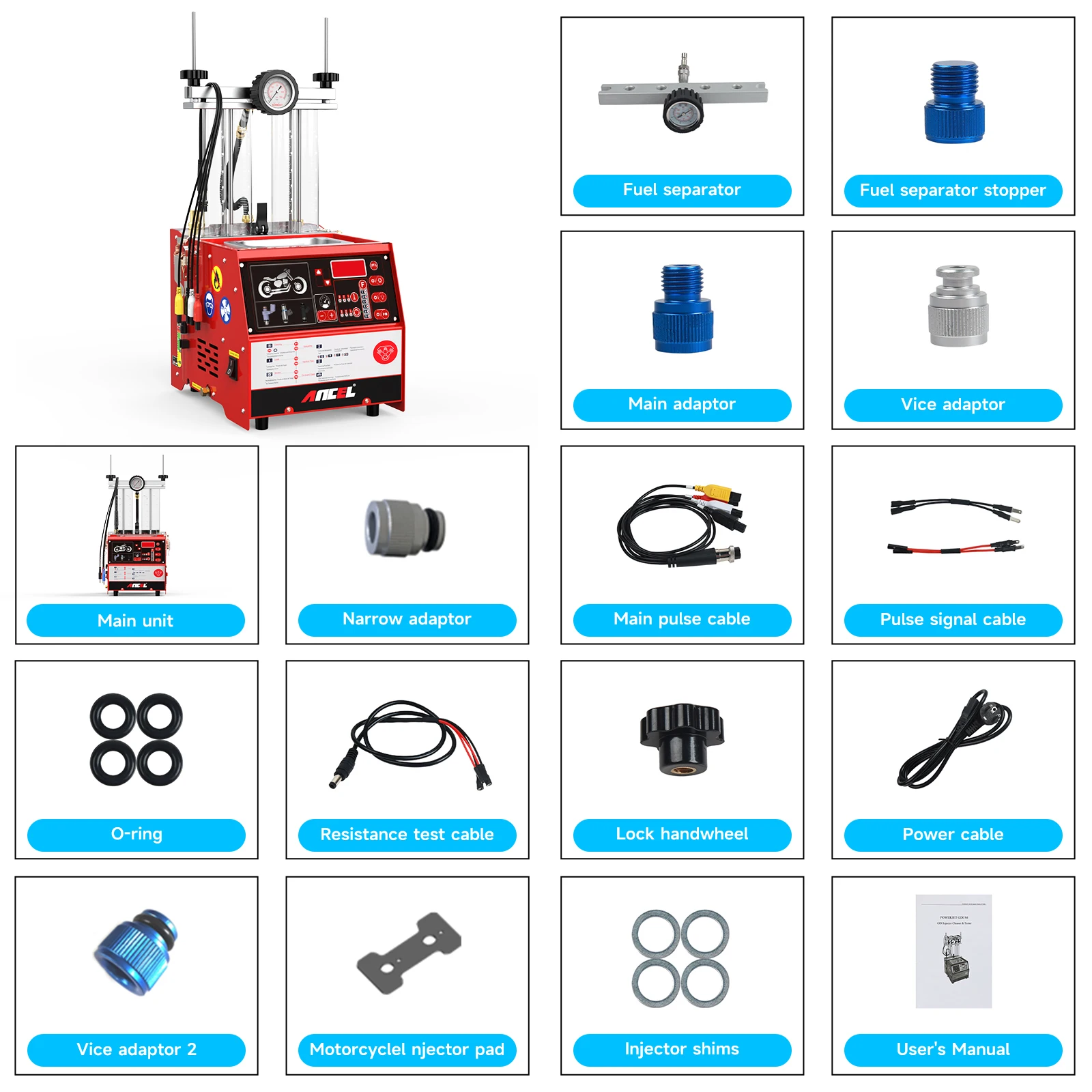 ANCEL AJ400 M (Motor) 4 Cylinder Fuel Injector Cleaner Tester Ultrasonic Cleaning Tool for Moto Ultrasonic Wave Fuel Injector