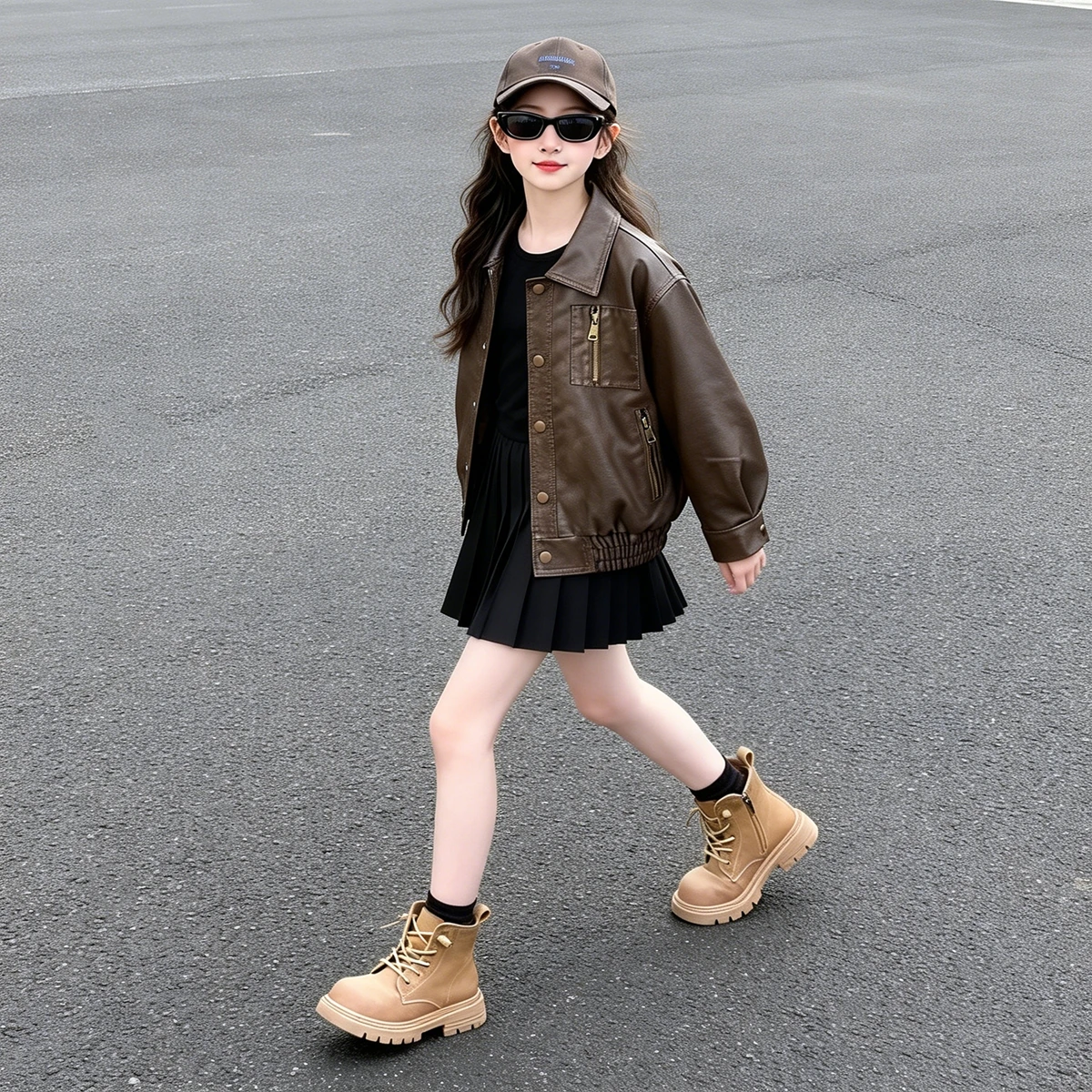 Girls Soft PU Leather Jacket Korean Style Pure Color Long Sleeve Zipper Closure Spring Autumn Soft Leather Outerwear for Kids