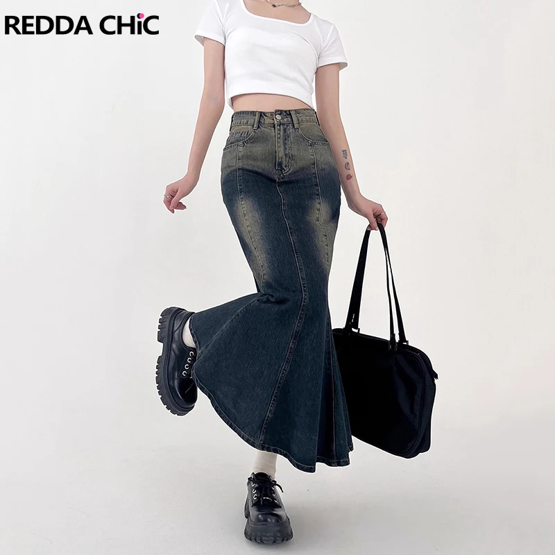 ReddaChic Ombre Denim Bodycon Skirt Women Gradient Wash High Waist Solid Casual Stitch Mermaid Long Jeans Skirt Vintage Clothes