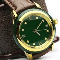 Vintage Green Jade Watch Diamond Inlay Quartz Wristwatch Couple Clock Male Female Luxury Gold 12 Zodiac Carving Dragon Watches