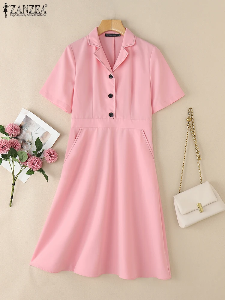 

ZANZEA Office Lapel Neck A-line Robes Femme Elegant Womens Commute Fashion Vestidos Contrast-Stitch Short Sleeve Midi Dresses