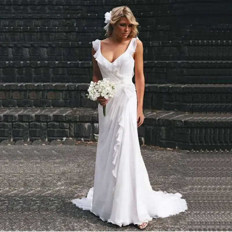 

Chiffon Boho Wedding Dress Ruffles V Neck Beach Bridal Gowns Backless Simple White Summer Long Bride wear Customized
