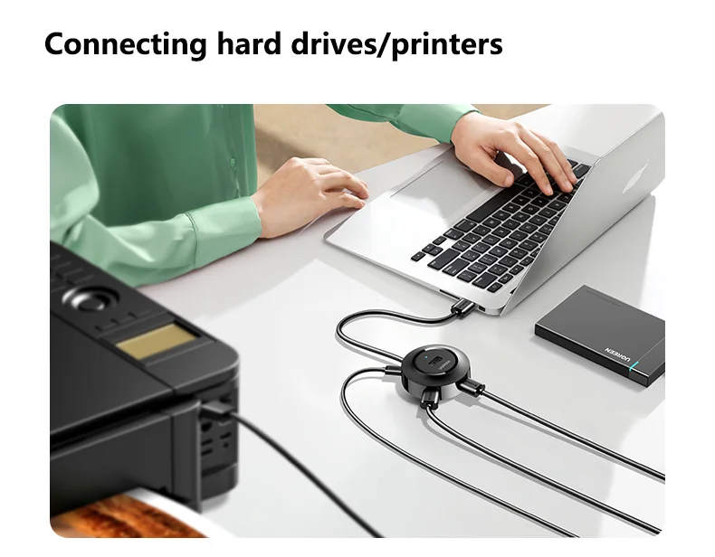 UGREEN USB 2.0 Hub Adaptador multifuncional de 4 puertos con cable de extensión USB Transferencia rápida de datos Admite discos duros de alta capacidad