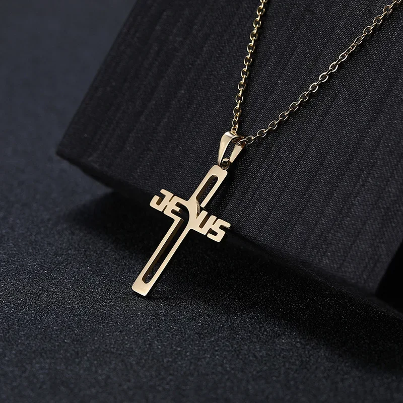 Houwu Christmas Gifts Cross Necklace Real Gold Plated  JESUS Stainless Steel Jewelry For Men Women Fashion Christian Jewelry